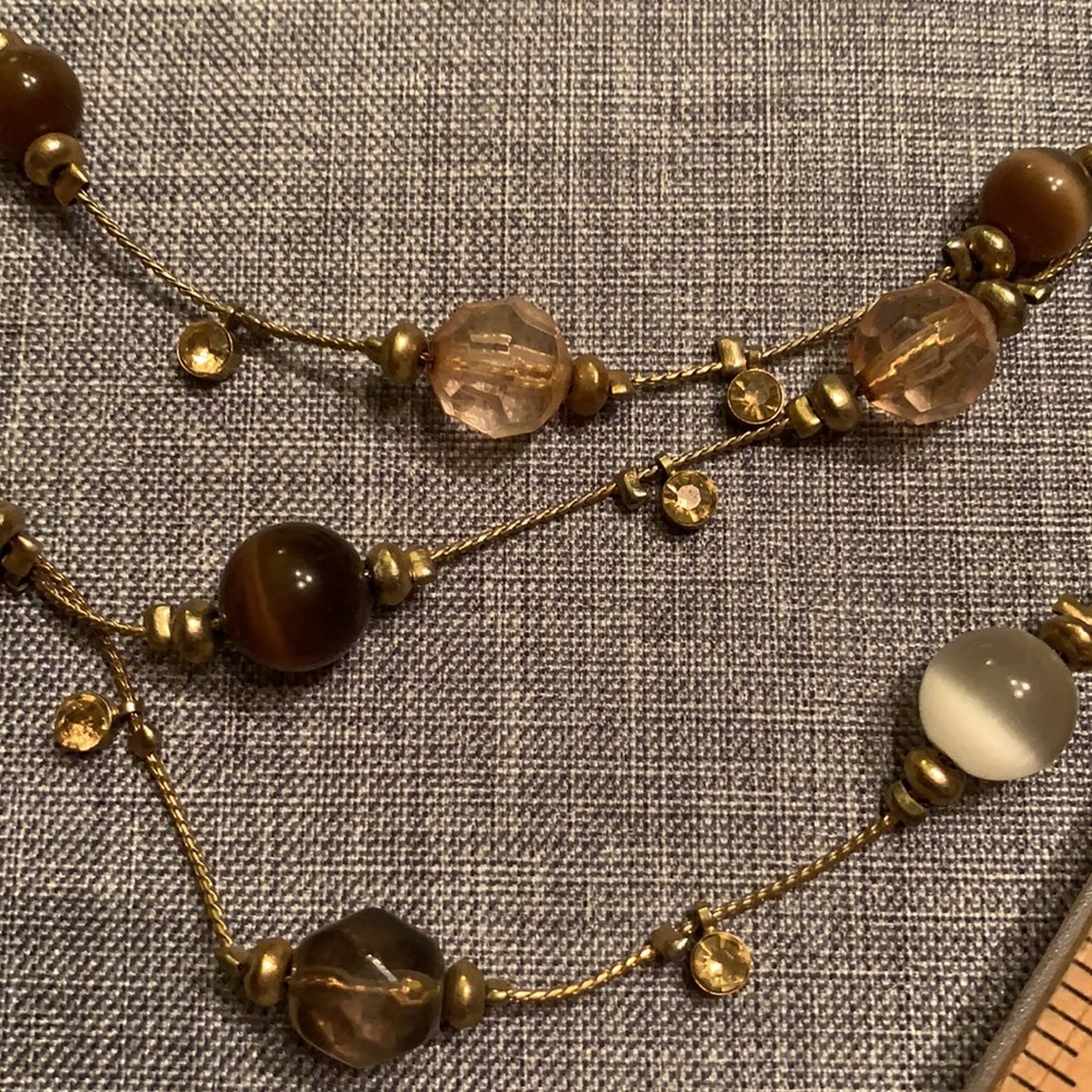 Gold Tone Beaded Necklace Multi-strand Brown 20”